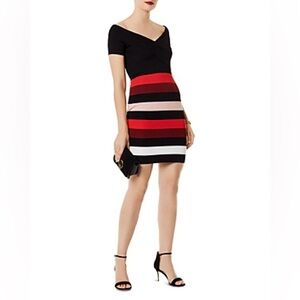 Karen Millen Striped Bodycon Off-Shoulder Dress – Red & Black